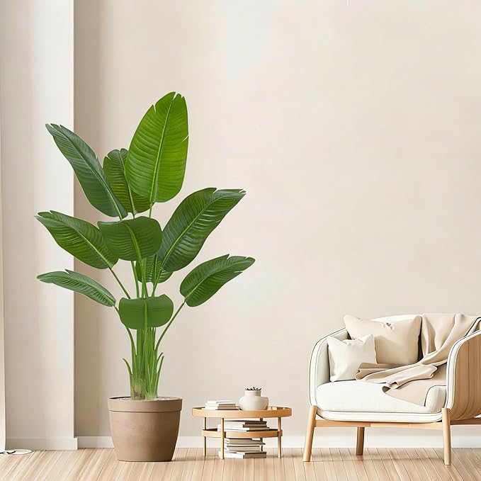 Birds of Paradise Plant Artificial, 5FT Fake Plants Faux Banana Leaf Tree with 10 Banana Leaves, Lifelike Tall Fake Tropical Palm Indoor Silk Floor Plant in Black Pot for House,Office,Room,Home Decor