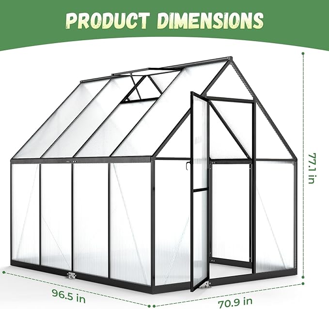 6x8FT Greenhouse for Outdoors, Galvanized Steel Frame Winter Green House w/Adjustable Roof Vent, Lockable Door Handle &DrainageSystem, Walk-in Greenhouses for Outside Garden Backyard