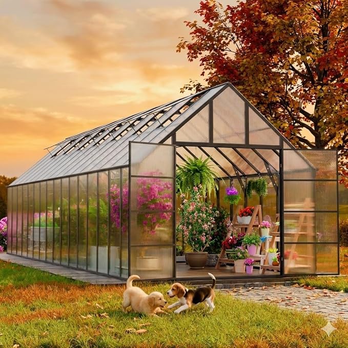 32x10x10 FT Greenhouse for Outdoors, Easy Assembly Large Thicker Aluminum Polycarbonate Kit, 7 Vent Windows, Walk-in, for Outside, Sunroom, Patio, Backyard