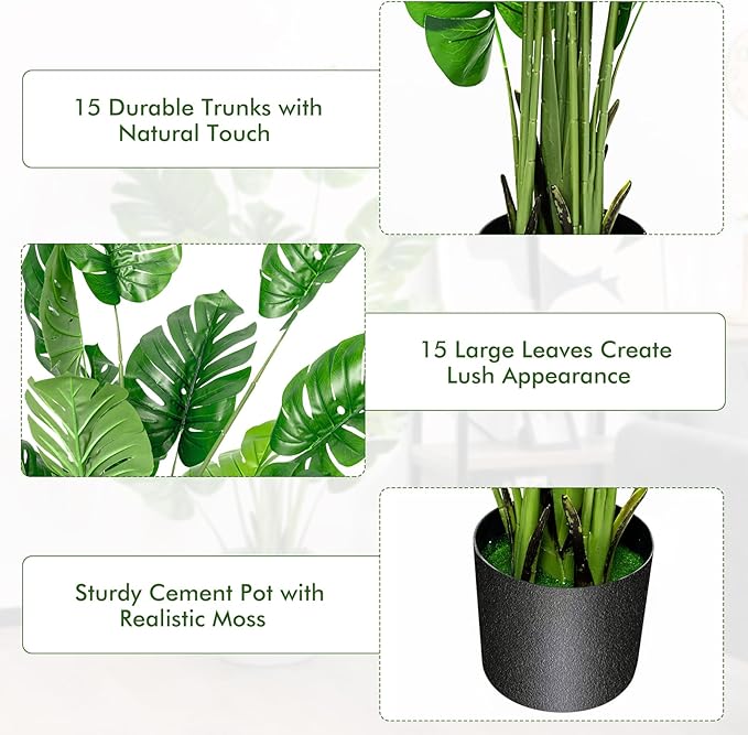 5FT Fake Monstera Deliciosa Plants, Faux Monstera Plant w/15 Turtle Leaves, Cement-Filled Plastic Pot, 60 Inch Fake Plant for Indoor Home Office Living Room Decoration