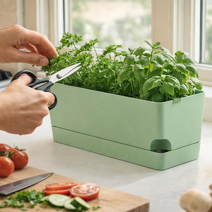Party Zealot Window Boxes Planters, 3 Pack Self Watering Pots for Indoor Plants 17 Inch Rectangular Planter Rectangle Flower Pots Long Plant Pot Large Window Sill Herb Planter Box, Green