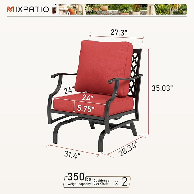 Patio Chairs Set of 2, High Back Outdoor Patio Metal Chairs with 5.75" Thick Cushions for Bistro Balcony Porch Deck and Yard, Red