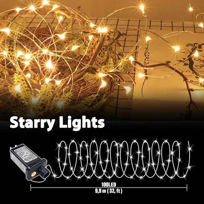 LAMPHOME Fairy Lights Plug in, 33Ft 100 LEDs Waterproof Twinkle Firefly Lights, Adaptor Included, Starry String Lights for Wedding Indoor Outdoor Christmas Patio Garden Decoration, Warm White