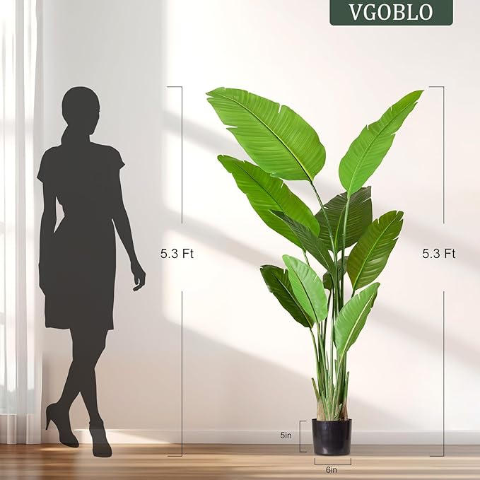 VGOBLO Bird of Paradise Plant Artificial 5.3Ft Tall Fake Tropical Palm Tree with Plastic Pot Silk Floor Plant for Indoor Outdoor Home Office Living Room Decor