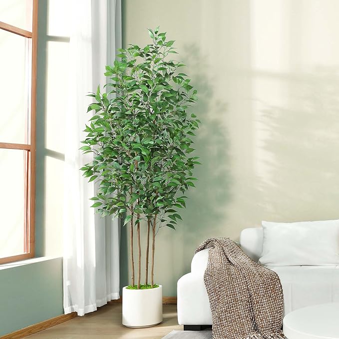SOGUYI Ficus Artificial Tree 7ft Fake Silk Plant for Home Decor Indoor, Faux Tree in White Imitation Ceramic Planter Fake Floor Plant for Living Room and Home Office Corner Indoor Decor, Set of 1