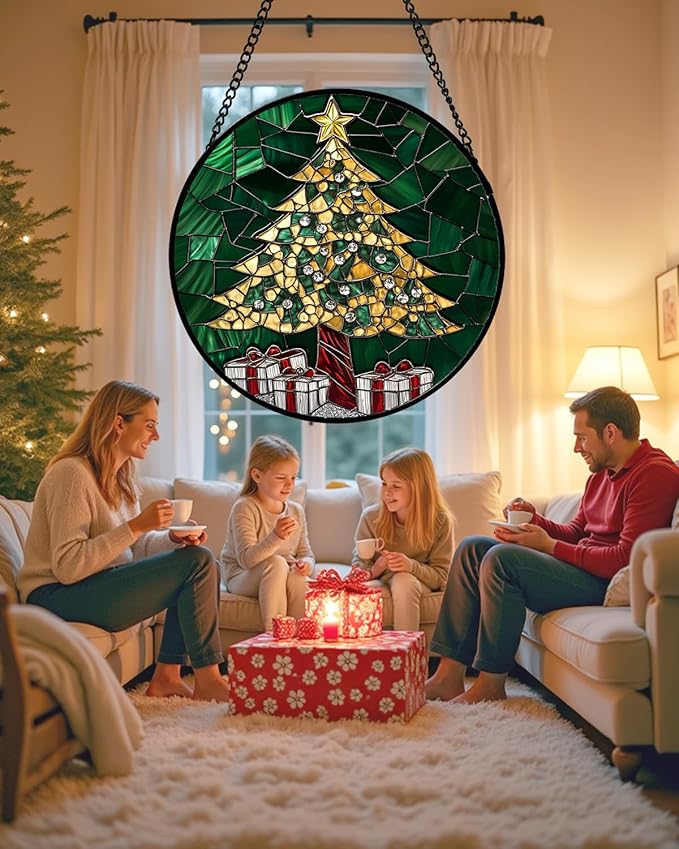 HWRHTR Stained Glass Window Hanging - Gold Green Christmas Tree Suncatcher for Doors Home Christmas Decoration Winter Sun Catcher Thanksgiving New Year Birthday Gifts for Women Men Mom Nana 6.3 in