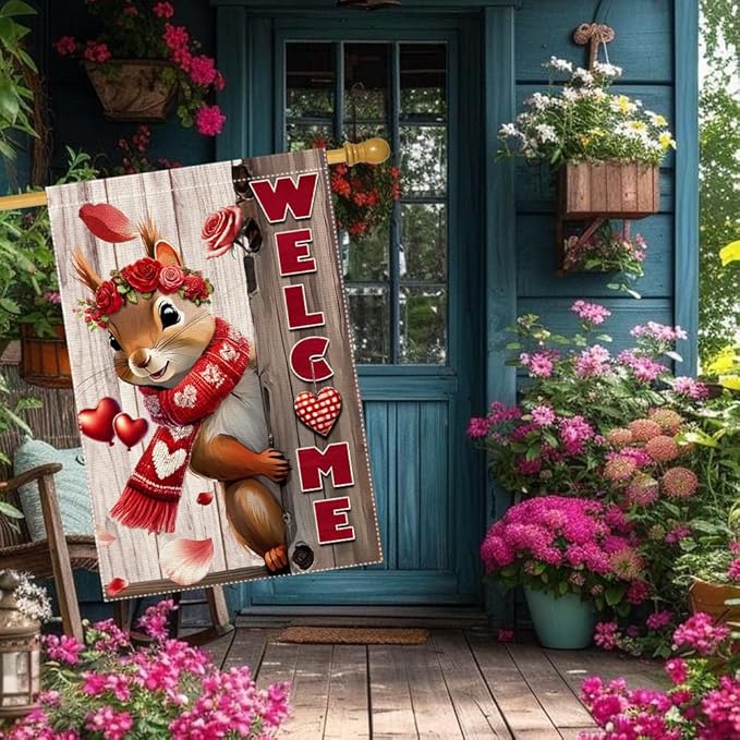 Valentine’s Day Garden Flag 28x40inch Double Sided The Squirrel Red Love Heart Rose Valentine’s Garden Flags For Home Outdoor Yard Patio Lawn Decor,Welcome Valentine Garden Outside Decorations Banner