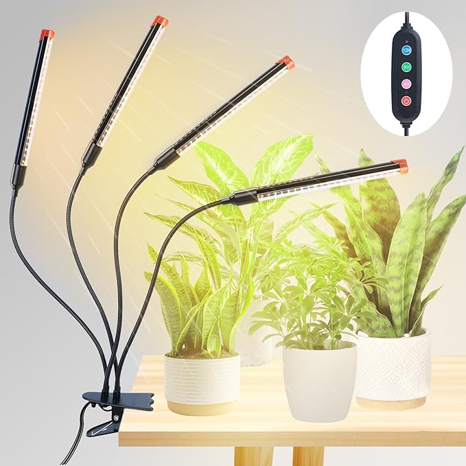 GroCruiser 4-Head Strong Clip Grow Lights for Indoor Plants, Seed Starting, Bonsai, Succulent, Cactus with Timer, 36 Watt Power Home Plug, Enough High-Intensity Like Sun, Best Gift for Plants Lover