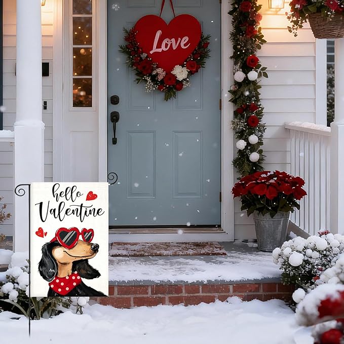 Hello Valentines Garden Flags 12x18 Inch Double Sided, Dachshund Dog with Love Sunglass Heart Small Seasonal Decoration for Holiday Anniversary Wedding Yard Outside Outdoor