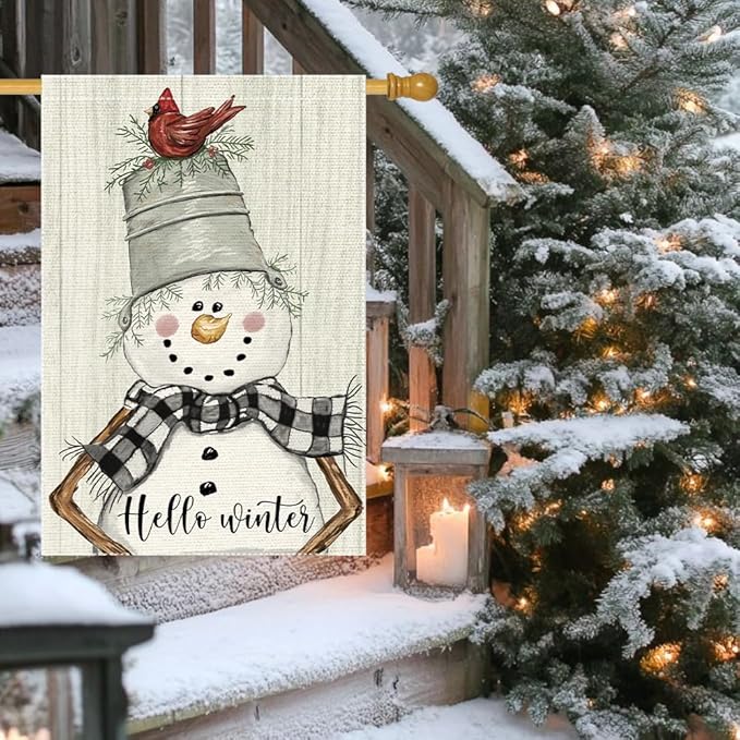 Hello Winter Garden Flag 28x40 Inch Double Sided,Christmas Winter Snowman Cardinal Holiday Yard Outdoor Flags (RMQ-83D, 28"X40")