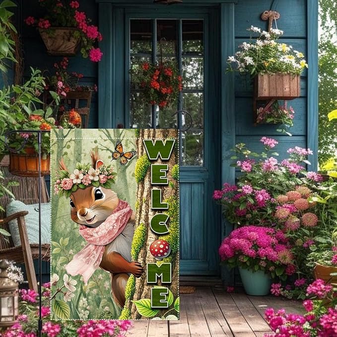 Spring Summer Garden Flag Decorations 12x18inch Burlap Double Sided Squirrel Summer Garden Flags For Outside Yard Home Outdoor Patio Lawn Decor,Welcome Garden Banner (RMQ86, 12"X18")