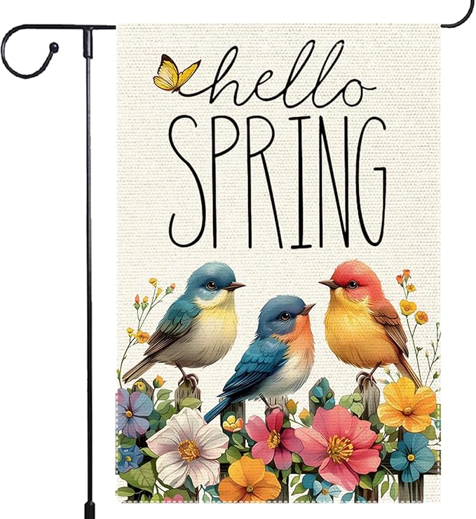 Hello Spring Cardinal Garden Flag 12x18 inch Double Sided Burlap Small Butterfly Seasonal Wildflowers Rustic Farmhouse Yard Lawn Outdoor Holiday Home Flags Decorations