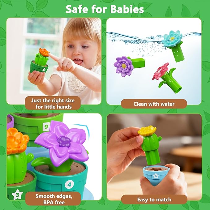 Montessori Toys Flower Garden Toy Set with Watering Can, Shovel, Rake, Color & Shape Sorter Toy, Educational Activity Preschool Learning Toys, Gift for Baby Toddler Girls 1 2 3 4 Year Old 10 PCS