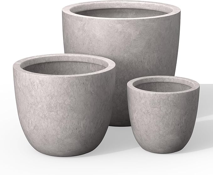 Kante Round Concrete Planter Set of 3, Large Outdoor Indoor Plant Pots with Drainage Hole, 10/14/18-Inch Diameter Flower Pots for Patio, Garden and Home, Light Gray