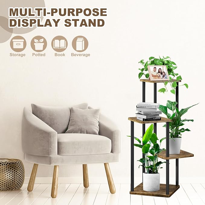 YOCOMEY 4 Tier Wood Tall Plant Stand Metal Rack Indoor, Multiple Flower Pot Holder Shelves Corner Rack, Planter Shelf Display Rack Storage Organizer for Patio Living Room Balcony Garden(Black)