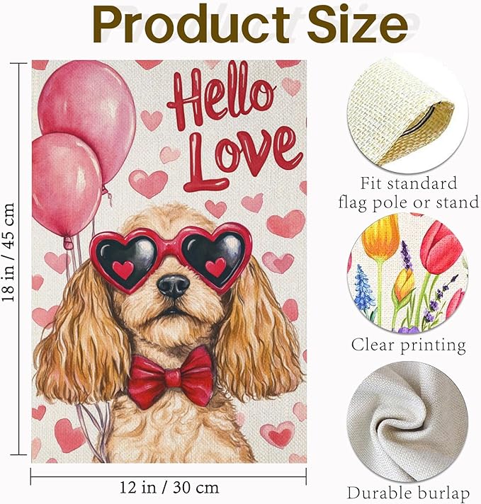 Valentine's Day Cocker Spaniel Hello Love Garden Flag, House Yard Plaid Love Heart Outside Decoration, Spring Holiday Wedding Anniversary Outdoor Small Decor 12x18(12643)
