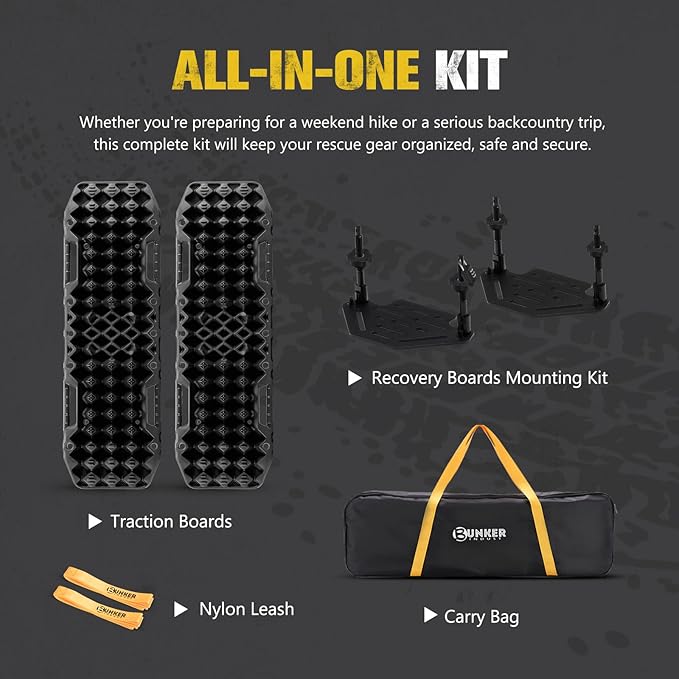 BUNKER INDUST Gen 7th Traction Boards with Mounting Kit, Pair Offroad Recovery Tracks with Jack Base for 4X4 Jeep Truck Tire Traction-Sand,Mud, Snow Ramps (Black)