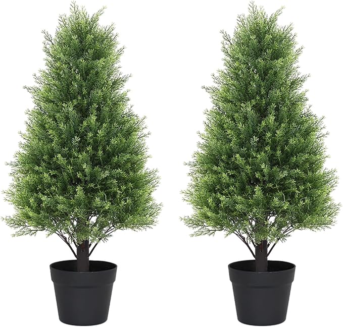Azoco Artificial Cedar Topiary Trees Set of 2, 30'' UV Resistant Faux Cypress Pine Plants Outdoor, 2.5ft Large Realistic Faux Evergreen Cone Bushes & Shrubs for Front Porch Planter Christmas Decor
