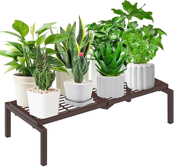 Gouisalin 1 Tier Metal Plant Stand Indoor Outdoor, Potted Multiple Flower Pot Holder Rack Plant Shelf, Heavy Duty Planter Display Shelving for Patio Balcony Garden Living Room Decorative (Brown)