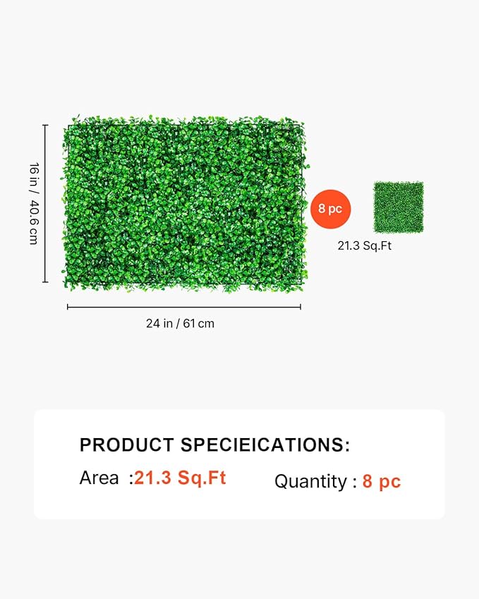 VEVOR Artificial Boxwood Panels 8pcs, 24 x 16 in Boxwood Hedge Wall Panel Artificial Grass Backdrop, 1.6 in Green Fake Grass Wall for Privacy Fence Decor Indoor Outdoor Garden Backyard