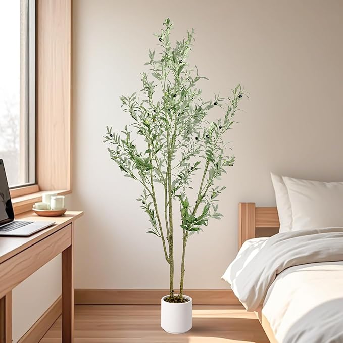 Olive Trees Artificial Indoor,Fake Olive Tree 6FT Tall 1Pack with White Planter Faux Silk Olive Tree for Home Living Room Office Decor Faux Artificial Plants Indoor with Fruit & Free Moss