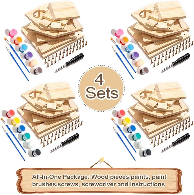 4 Sets Wooden Birdhouse Kit for Outdoor DIY Paint Your Own Wood Kid Art Craft Outdoor Birdhouse Kit Hanging Bluebird Cardinals for Spring Summer STEM Projects