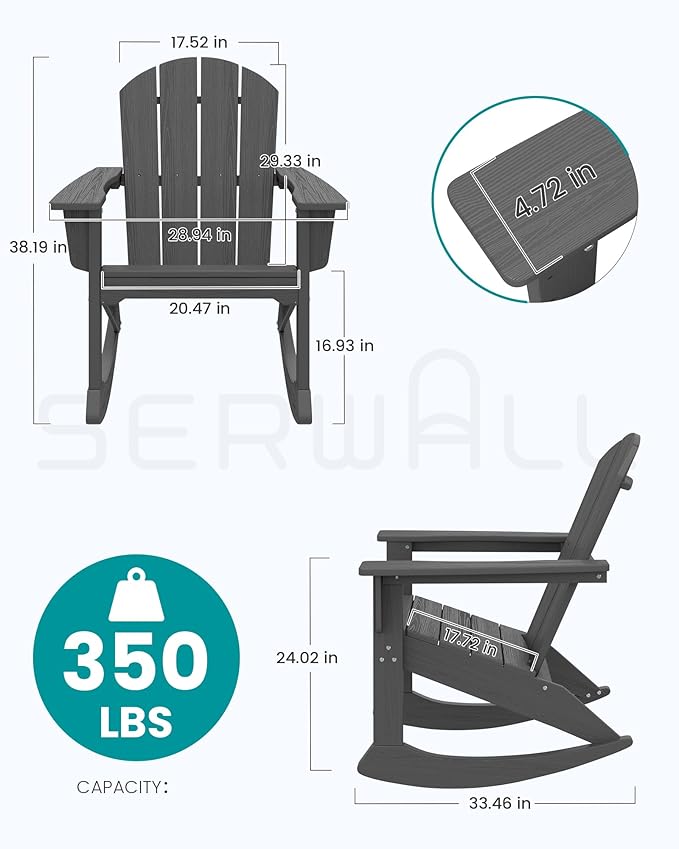 SERWALL Outdoor Adirondack Rocking Chairs Set of 4, All-Weather HDPE Adirondack Rocker Chair, Front Porch Rocker Chairs for Patio Lawn Porch Deck, Grey