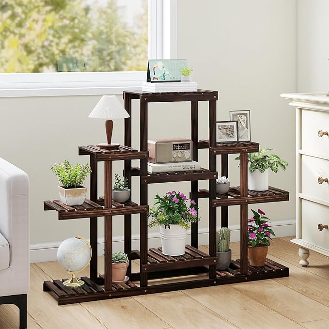 COSTWAY 6-Tier Multifunctional Wood Flower Stand, Shelf Holder for Multiple Plants, Freestanding Plant Rack for Garden, Patio, Balcony, Living Room, Indoor, Outdoor