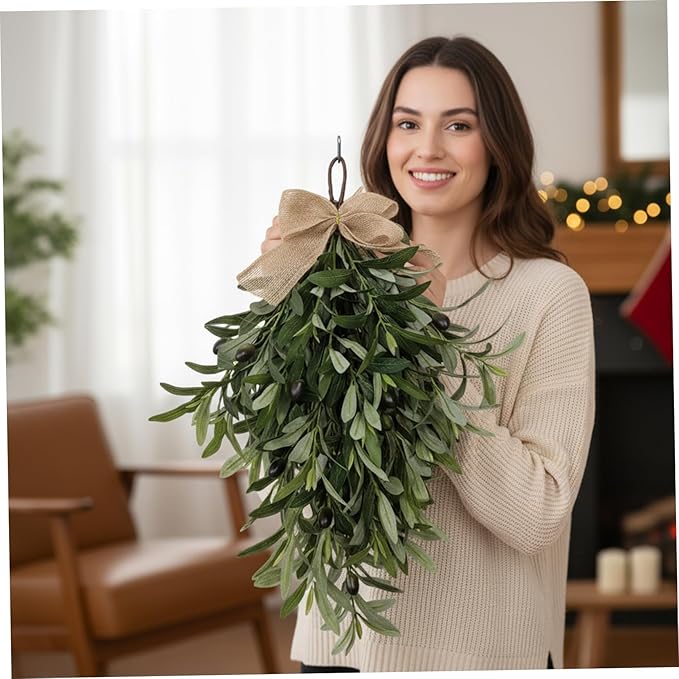 Olive Wreath 24 Inch Artificial Olive Wreaths for Front Door Hanging Teardrop Swag Greenery with Burlap Bow for Front Door Wall Wedding Arch