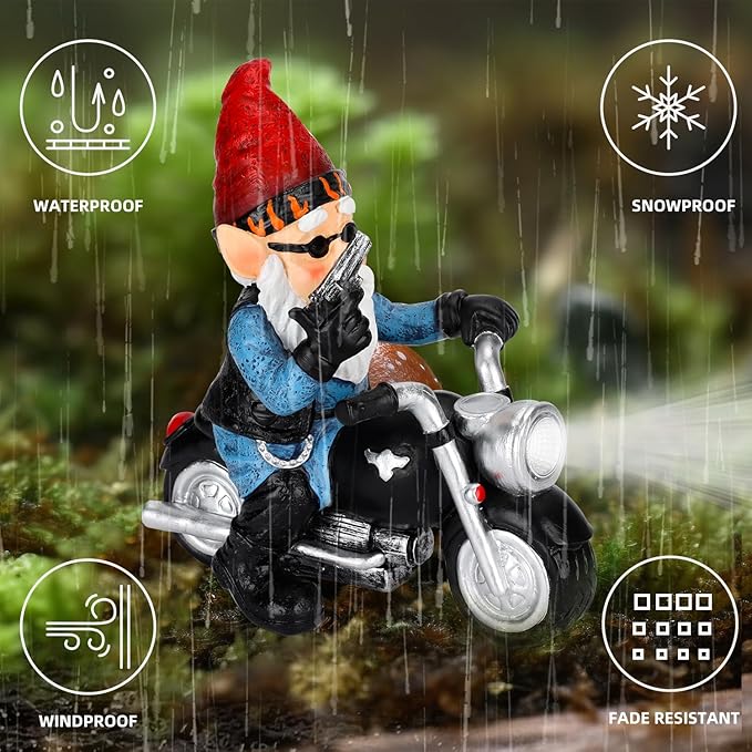 Garden Gnome Riding Motorcycle with Solar Light, Funny Outdoor Gnome Decoration Indoor Outdoor Lawn Figurines for Home Yard Décor, Medium