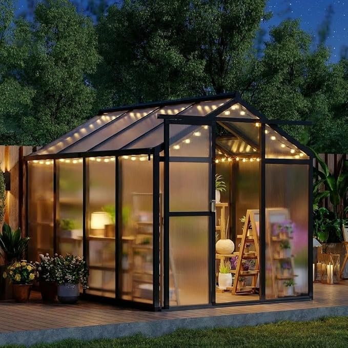 6x10 FT Greenhouse, Outdoor Sliding Door, Polycarbonate Greenhouse with Aluminum Frame, Lockable Door and Ajustable Roof Vent for Backyard, Outside Garden Backyard, Patio, Black