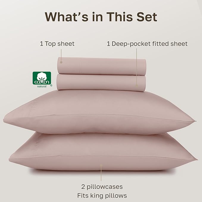 California Design Den King Size Bed Sheets Set - Certified Authentic 100% Egyptian Cotton Sateen, Deep Pocket King Size Sheets Set, Gripper Elastic, Durable Luxury Bedding - Sepia Rose