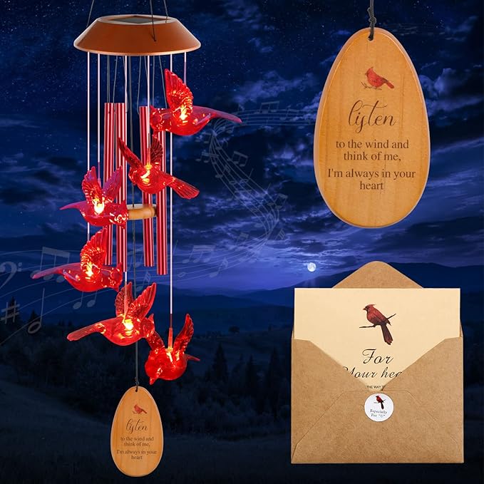 Cardinal Wind Chimes for Outside Solar Cardinal Gifts for Women Mom Grandma Father Memorial Red Bird WindChimes for Loss of Loved One Sympathy Windchime Garden Outdoor Decor