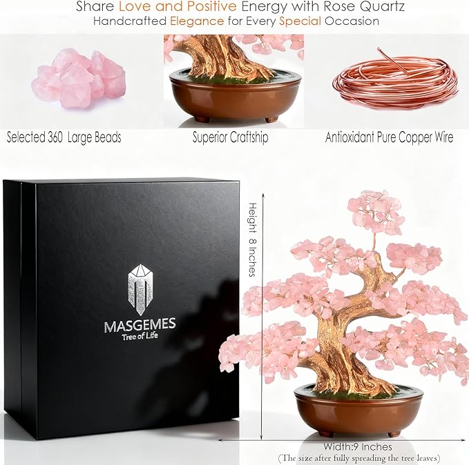 MASGEMES Rose Quartz Crystal Tree Bonsai, Handmade (360 Large Beads) Gemstone Tree of Life Gift for Women Chakra Energy for Home Decor, Office Decor,Healing Crystal Money Tree 8''