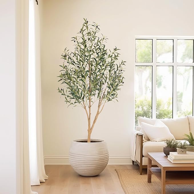 Tall Faux Olive Tree，6ft（72in） Realistic Potted Silk Artificial Olive Tree， Fake Olive Trees Indoor with Green Leaves and Big Fruits for Home Office Living Room Stairs Patio Decor.
