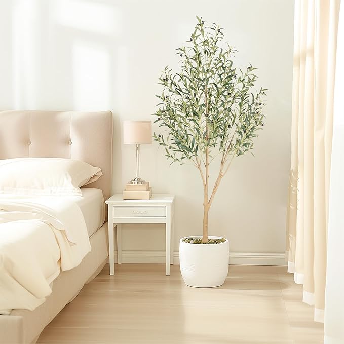 Tall Faux Olive Tree，6ft（72in） Realistic Potted Silk Artificial Olive Tree， Fake Olive Trees Indoor with Green Leaves and Big Fruits for Home Office Living Room Stairs Patio Decor.