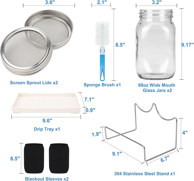  [Large Size] 68oz Sprouting Kit, 2 Sprouting Jar Kits, Wide Mouth Jars with Stainless Steel Screen Sprout Lid, 2000ml Sprouts Growing Kit, Seed Sprouter Set for Growing Broccoli, Bean, Alfalfa ﻿