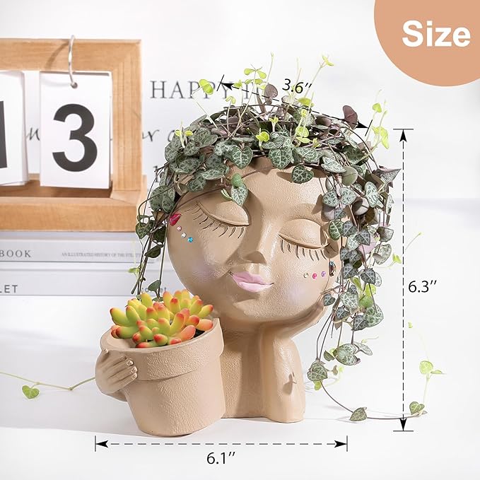 vomiceak Face Planters Pots Head Planter for Indoor Outdoor Plants - Cute Plant Pots for Flower Succulent with Drainage Hole - Ideal Present Ideas(Khaki Lady)