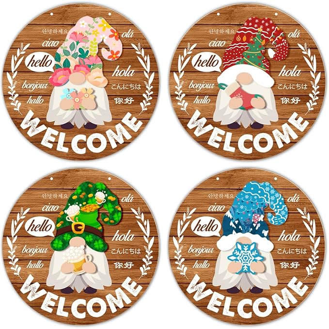 Interchangeable Gnome Welcome Sign Valentine's Day Door Decor, Changeable Gnomes Front Porch Decorations Wall Hanging Wood Wreath Hangers for Spring Summer Fall Winter All Seasons Holiday, Rufous