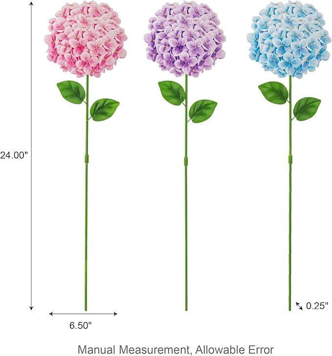 Glitzhome Set of 3 Hydrangea Garden Stakes, Metal Flower Yard Stakes with Hand Painted Color Design, Iron Garden Yard Spring Decor or Wall Decor, 24”H