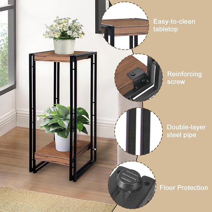 fusehome 27.5 inch Tall Plant Stand Table, 2 Tier Plant Shelves Indoor Flower Pots Stand Holder Modern Corner Plant Stand Rack Shelves Square Plant Tables for Office Living Room, Balcony, Brown