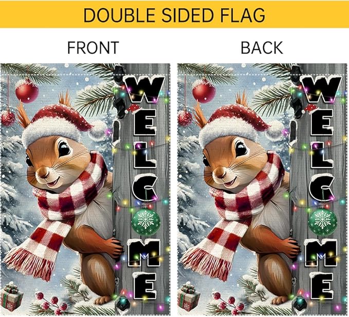 Christmas Garden Flag 12x18inch The Nut Squirrel Welcome XMAS winter Garden Flags Yard Porch House Flag Double-Side For Home Outdoor Yard Patio Lawn Decor,Happy New Year merry Christmas banners for outside Decorations (RMQ-85, 12"X18")