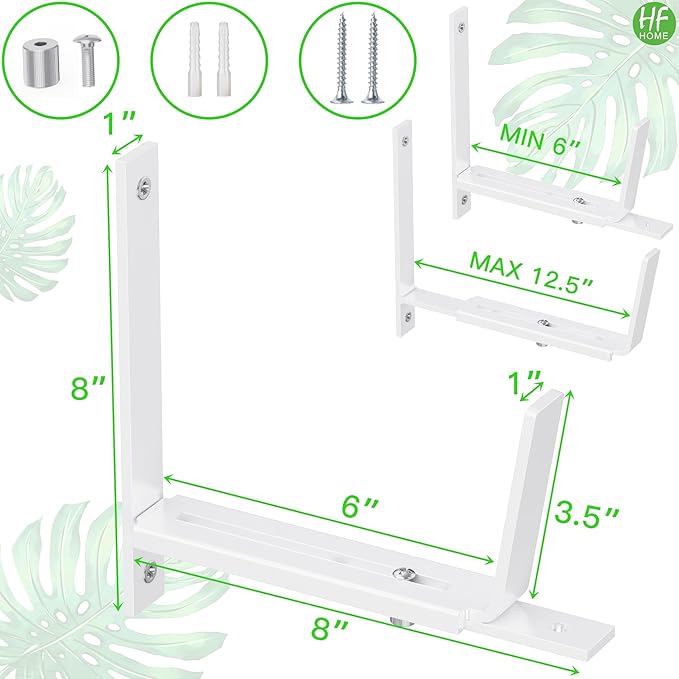 HFHOME 2 PCS Adjustable Planter Box Brackets (6 to 12.5 in), Universal Window Box Brackets, Heavy Duty Metal Flower Box Wall Mounting Hooks for Balcony, Fences, Patio, and Garden - White
