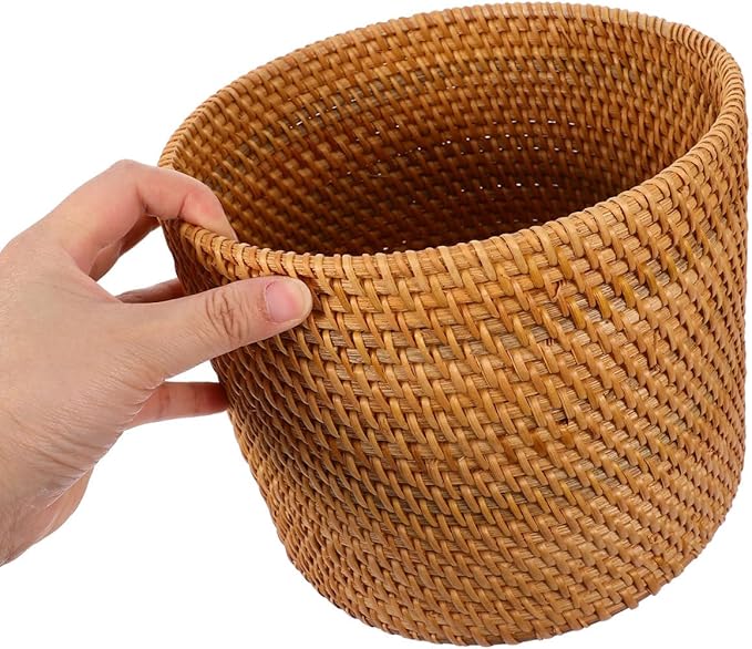 Mikikit Round Rattan Trash can Small Decorative Wicker Basket for Home Storage Desktop Organizer 6.6 Inch Fruit Vegetable Basket
