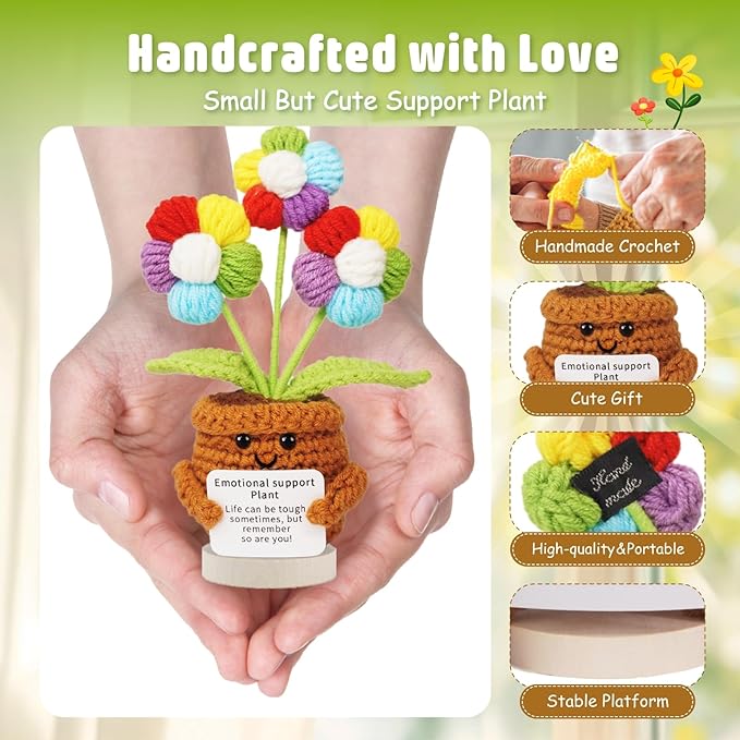 penzoos Rainbow Daisy Emotional Support Plant, Handmade Crochet Potted Flower with Inspirational Message Card, Colorful Knitted Daisy Decoration, Stress Relief Gift for Friends, Family, and Coworkers