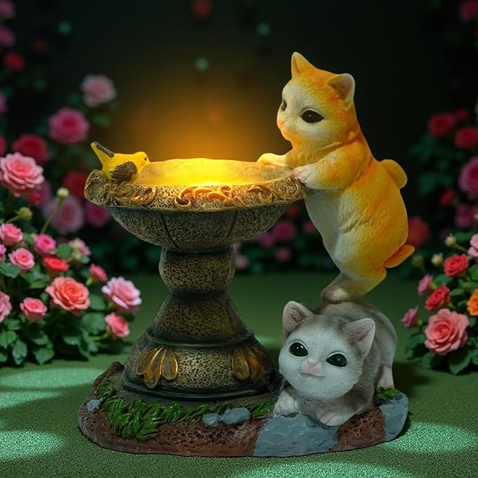 ArtCredit Solar Two Kittens Garden Statues with LED Lights, Outdoor Decor for Patio Yard Balcony - Unique Housewarming Birthday Gifts for Women Mom Grandma