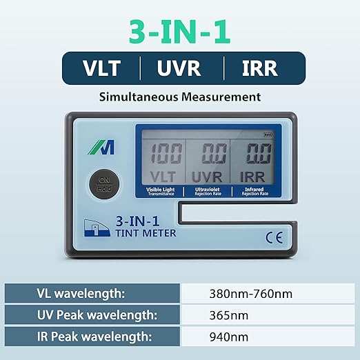 Mxmoonfree Tint Meter, Digital Window Tint Meter, 3-in-1 Solar Film Transmission Meter, UV IR Rejection Meter Spectrum Tester for Precise Filmed Glass Testing Window Tint, for Roll Down Windows ONLY