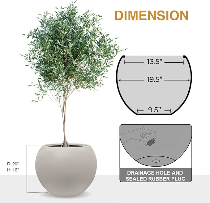 KUTE NEST 16" H x 20" D Globo Fiberstone Round Planter with Drainage Hole, Smooth Finishes, Weather Resistant for Indoor and Outdoor Use, Included 2 Extra Coco Mats (Taupe, 13.5" Pot Opening)