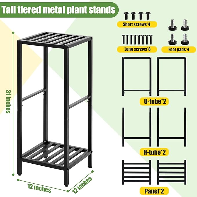 Party Zealot 2 Packs of 2-Tier Tall Metal Square Plant Stand 31” Heavy-Duty Modern Flower Pot Rack for Indoor Living Room, Corner Side Table for Outdoor Patio, Garden Planter Holder, Black