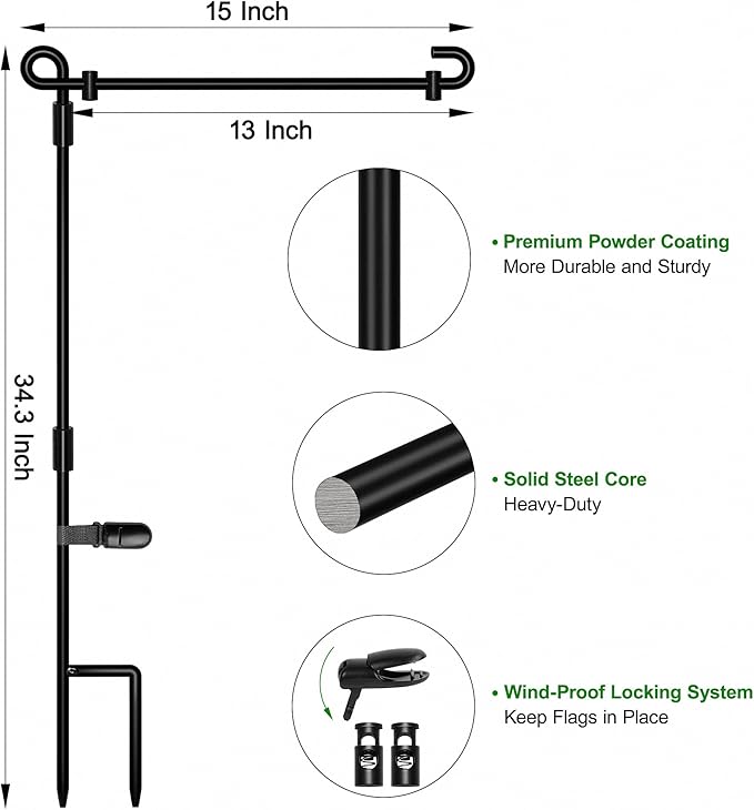 HOOSUN Garden Flag Stand,Premium Garden Flag Holder Pole Metal Powder-Coated Weather-Proof Paint with Graden Flag Clip and Spring Stoppers Without Flag Garden Decorations